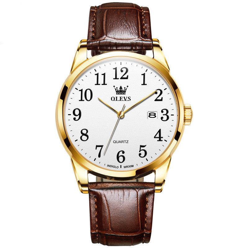 Waterproof quartz watch for men with gold round case, white dial, brown leather strap, and date display.