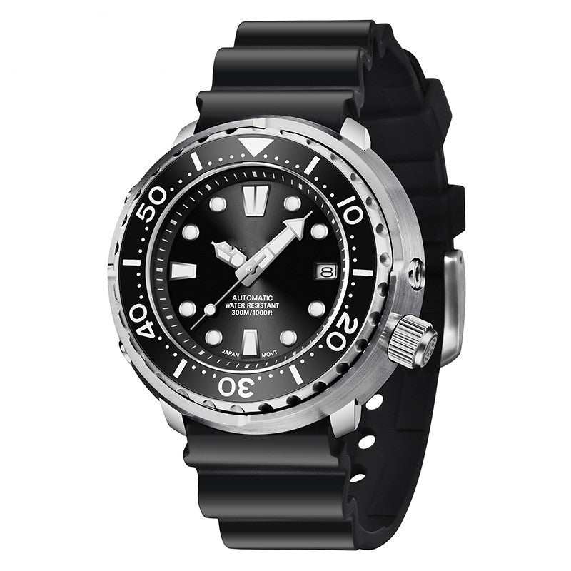 Men's casual luminous sports mechanical watch with black dial and rubber strap