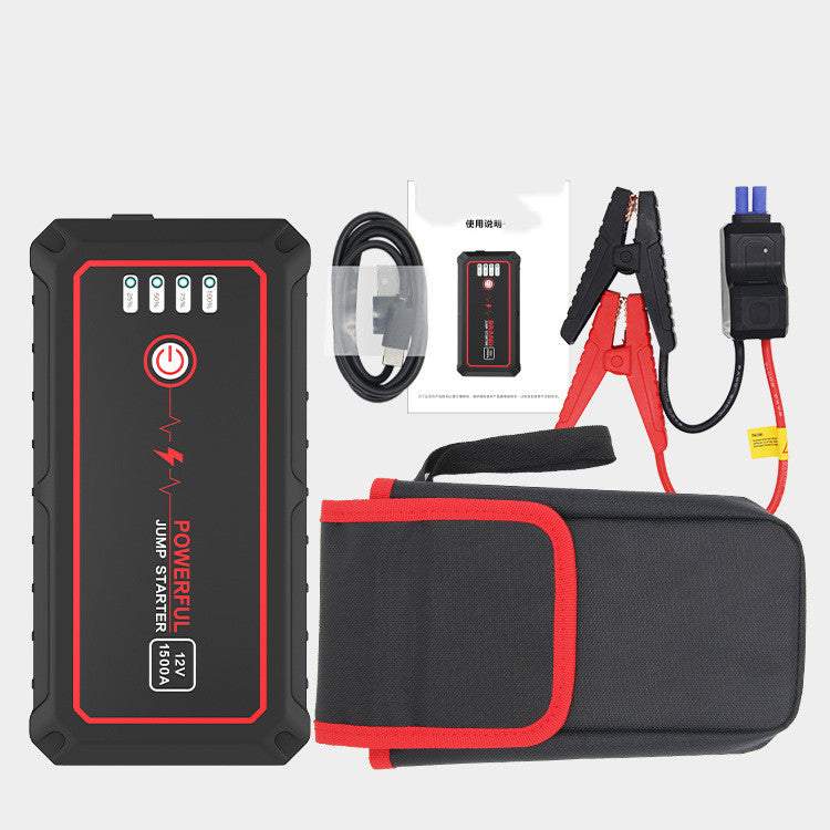 Car emergency starting power supply with jumper cables, Type-C cable, and carrying case