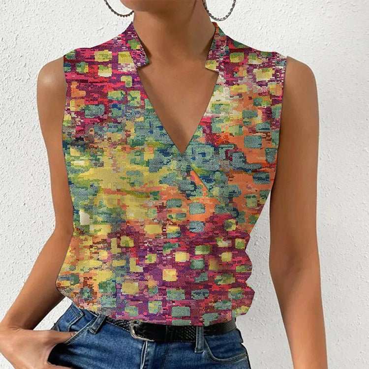 Casual Printed Tops Summer V - neck Sleeveless T-shirt Womens Clothing - AMIR BAGS INDIA PRIVATE LIMITED