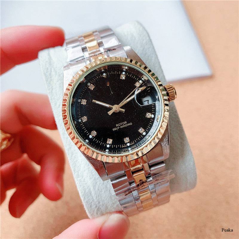 Stainless steel mechanical men's watch with black dial and gold accents, featuring calendar and 24-hour indication.