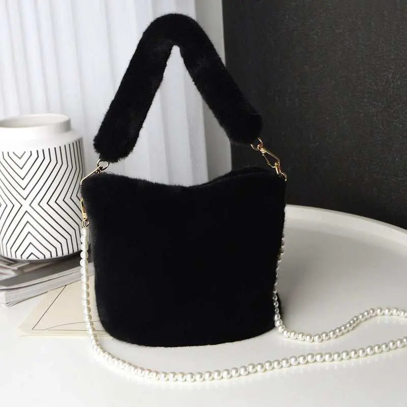 Checkerboard Plush Bucket Bag With Pearl Chain Design Winter Fashion Luxury Handbags For Women Personalized Shopping Shoulder Bags - AMIR BAGS INDIA PRIVATE LIMITED
