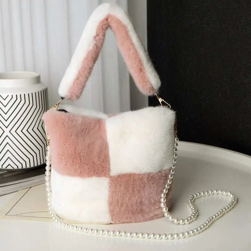 Checkerboard Plush Bucket Bag With Pearl Chain Design Winter Fashion Luxury Handbags For Women Personalized Shopping Shoulder Bags - AMIR BAGS INDIA PRIVATE LIMITED