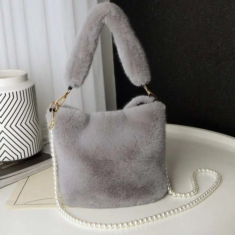 Checkerboard Plush Bucket Bag With Pearl Chain Design Winter Fashion Luxury Handbags For Women Personalized Shopping Shoulder Bags - AMIR BAGS INDIA PRIVATE LIMITED