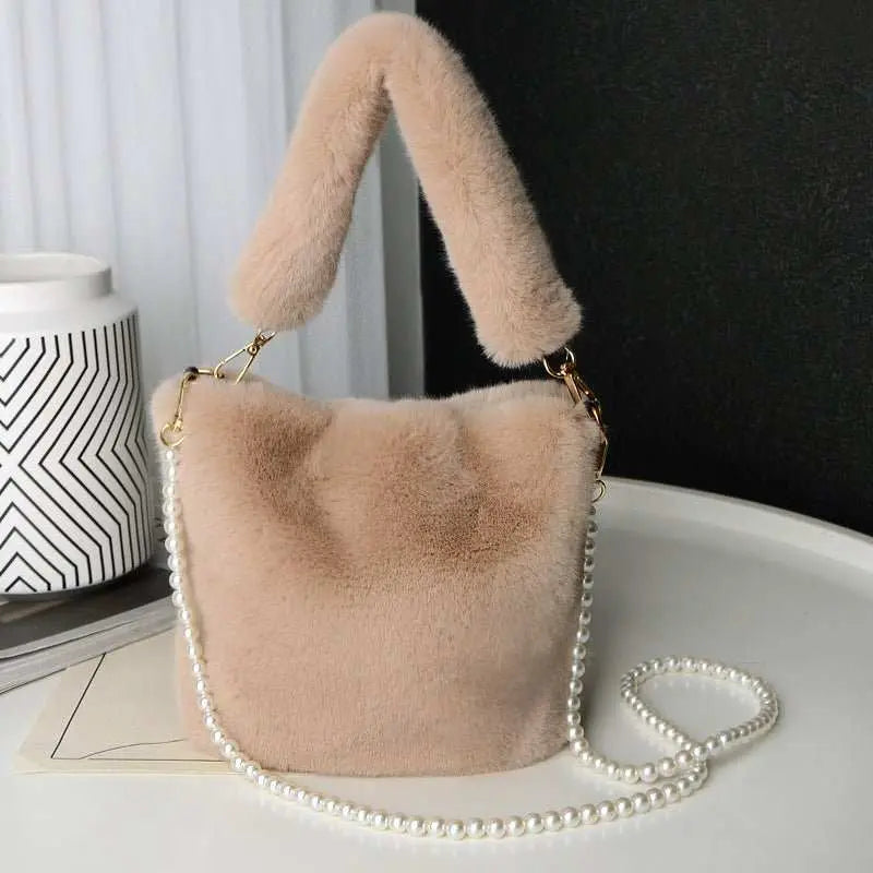 Checkerboard Plush Bucket Bag With Pearl Chain Design Winter Fashion Luxury Handbags For Women Personalized Shopping Shoulder Bags - AMIR BAGS INDIA PRIVATE LIMITED