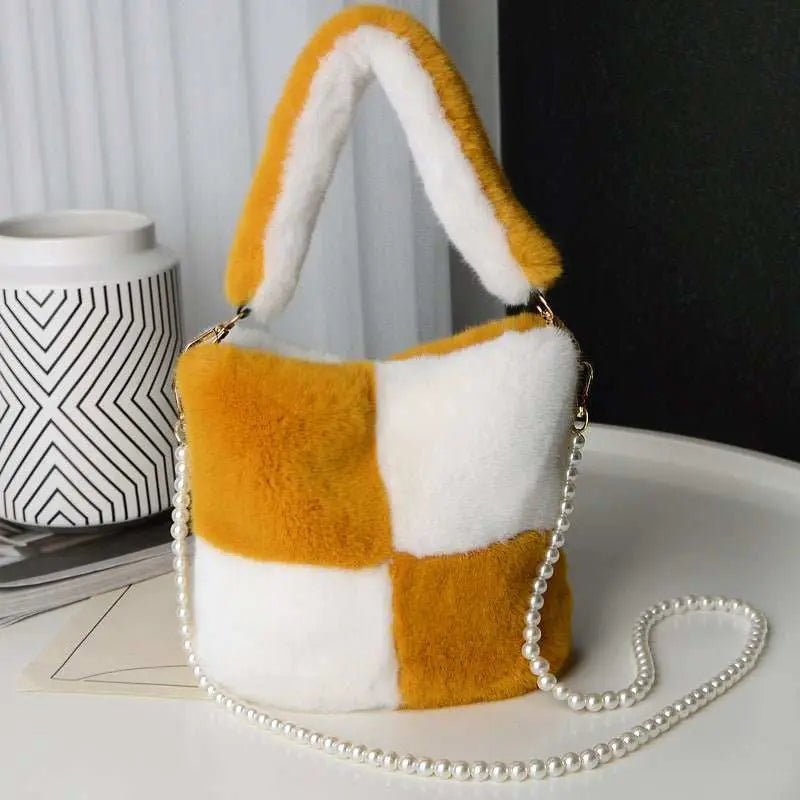Checkerboard Plush Bucket Bag With Pearl Chain Design Winter Fashion Luxury Handbags For Women Personalized Shopping Shoulder Bags - AMIR BAGS INDIA PRIVATE LIMITED