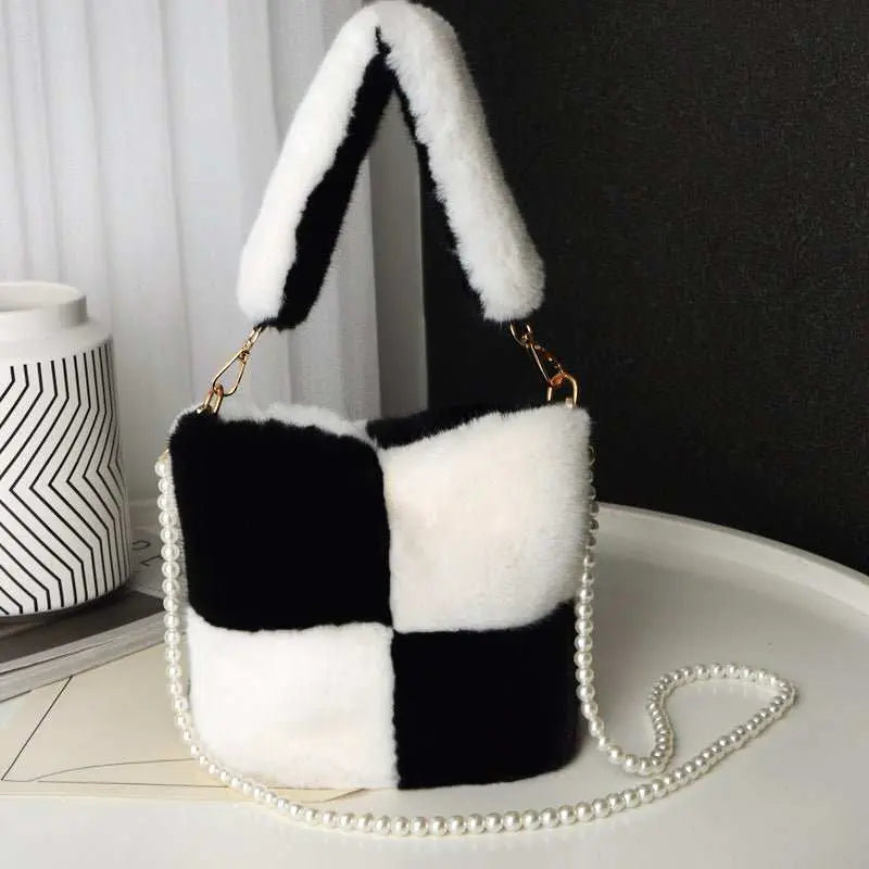 Checkerboard Plush Bucket Bag With Pearl Chain Design Winter Fashion Luxury Handbags For Women Personalized Shopping Shoulder Bags - AMIR BAGS INDIA PRIVATE LIMITED