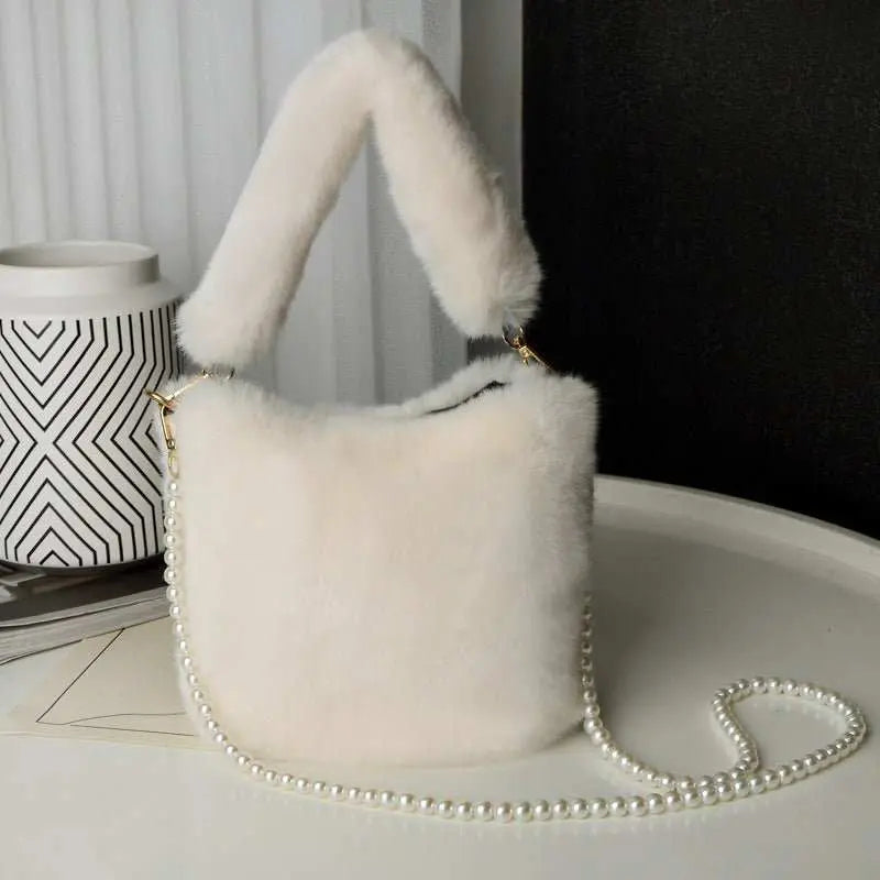 Checkerboard Plush Bucket Bag With Pearl Chain Design Winter Fashion Luxury Handbags For Women Personalized Shopping Shoulder Bags - AMIR BAGS INDIA PRIVATE LIMITED