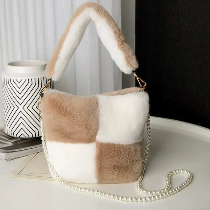 Checkerboard Plush Bucket Bag With Pearl Chain Design Winter Fashion Luxury Handbags For Women Personalized Shopping Shoulder Bags - AMIR BAGS INDIA PRIVATE LIMITED
