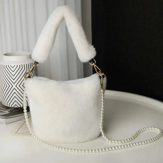 Checkerboard Plush Bucket Bag With Pearl Chain Design Winter Fashion Luxury Handbags For Women Personalized Shopping Shoulder Bags - AMIR BAGS INDIA PRIVATE LIMITED