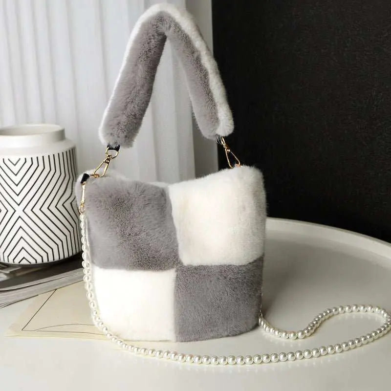 Checkerboard Plush Bucket Bag With Pearl Chain Design Winter Fashion Luxury Handbags For Women Personalized Shopping Shoulder Bags - AMIR BAGS INDIA PRIVATE LIMITED
