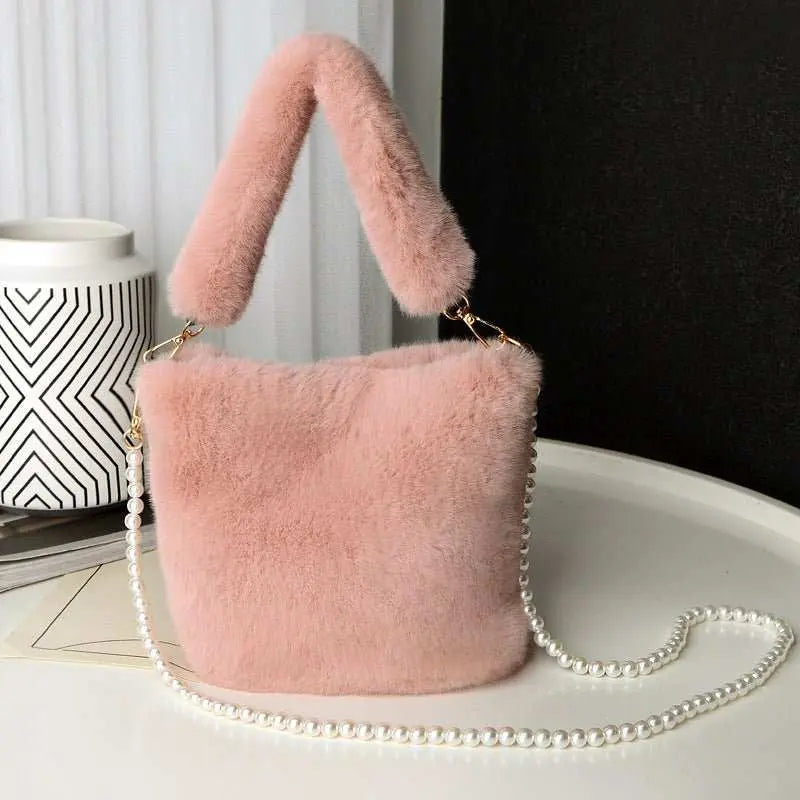 Checkerboard Plush Bucket Bag With Pearl Chain Design Winter Fashion Luxury Handbags For Women Personalized Shopping Shoulder Bags - AMIR BAGS INDIA PRIVATE LIMITED