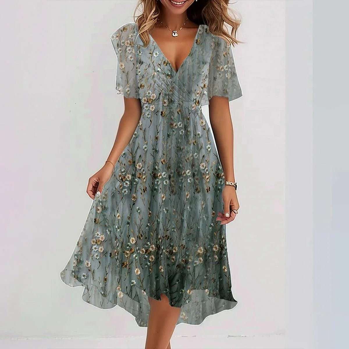 Chiffon Printed Short Sleeve Dress Summer Elegant V - neck Dresses Womens Clothing - AMIR BAGS INDIA PRIVATE LIMITED