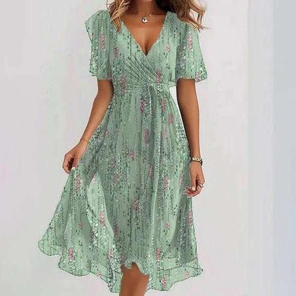 Chiffon Printed Short Sleeve Dress Summer Elegant V - neck Dresses Womens Clothing - AMIR BAGS INDIA PRIVATE LIMITED