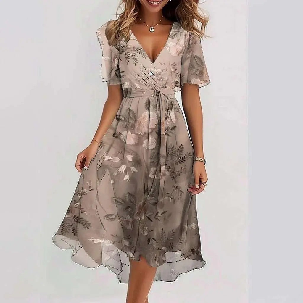 Chiffon Printed Short Sleeve Dress Summer Elegant V - neck Dresses Womens Clothing - AMIR BAGS INDIA PRIVATE LIMITED