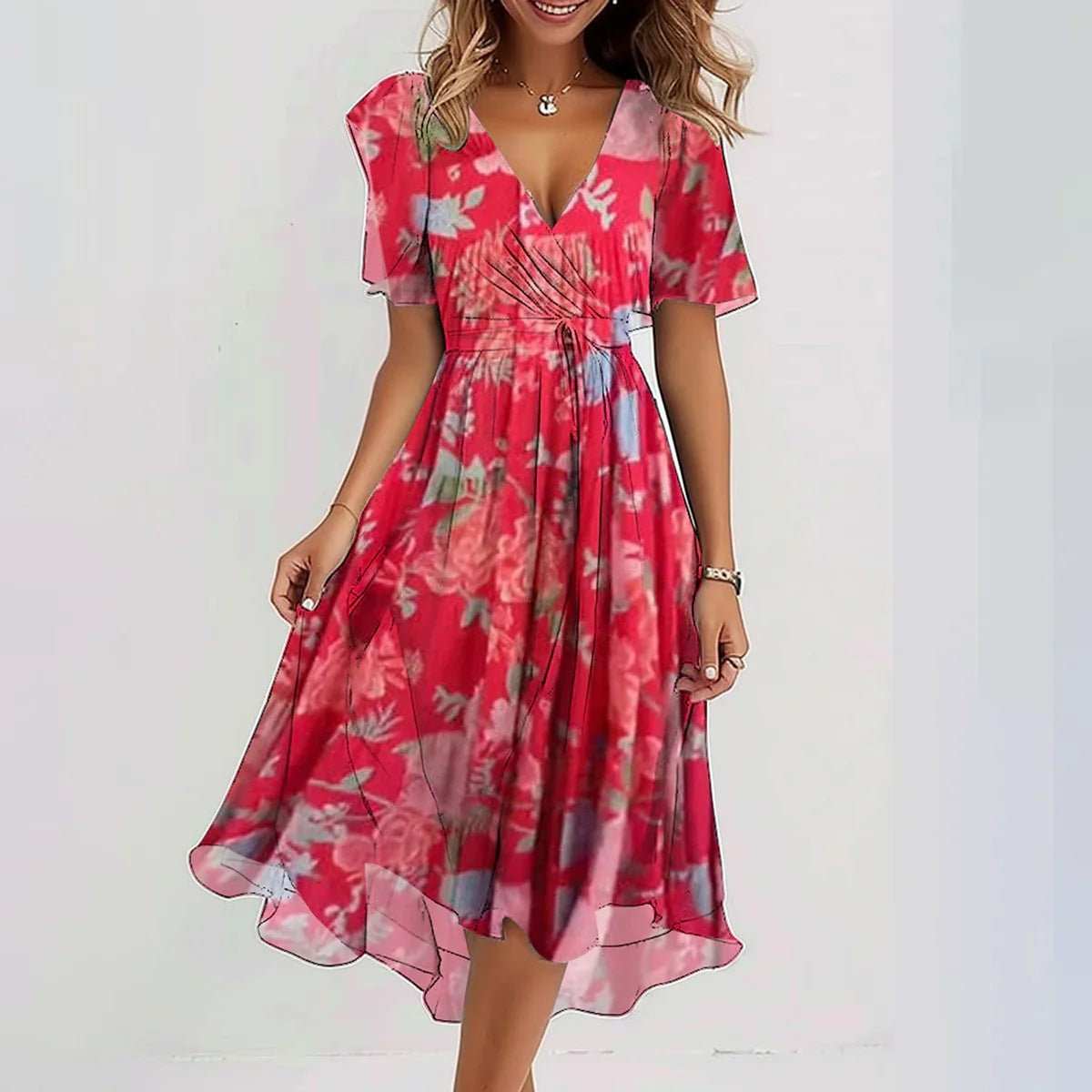 Chiffon Printed Short Sleeve Dress Summer Elegant V - neck Dresses Womens Clothing - AMIR BAGS INDIA PRIVATE LIMITED