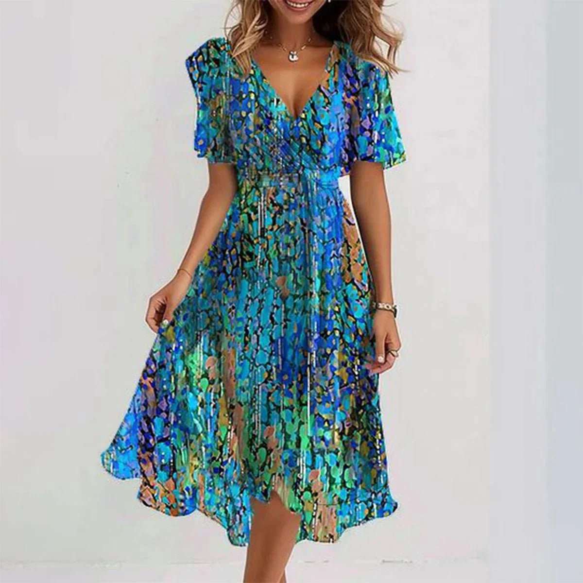 Chiffon Printed Short Sleeve Dress Summer Elegant V - neck Dresses Womens Clothing - AMIR BAGS INDIA PRIVATE LIMITED
