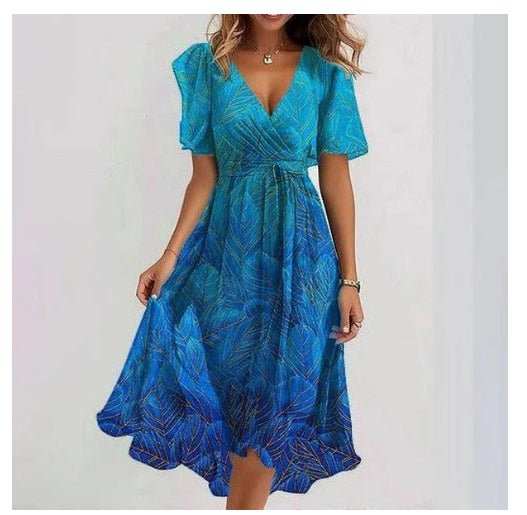 Chiffon Printed Short Sleeve Dress Summer Elegant V - neck Dresses Womens Clothing - AMIR BAGS INDIA PRIVATE LIMITED