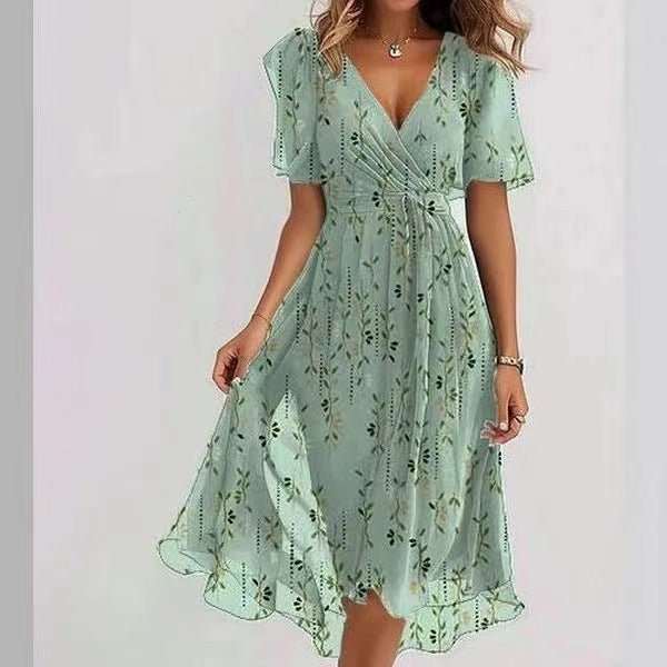 Chiffon Printed Short Sleeve Dress Summer Elegant V - neck Dresses Womens Clothing - AMIR BAGS INDIA PRIVATE LIMITED