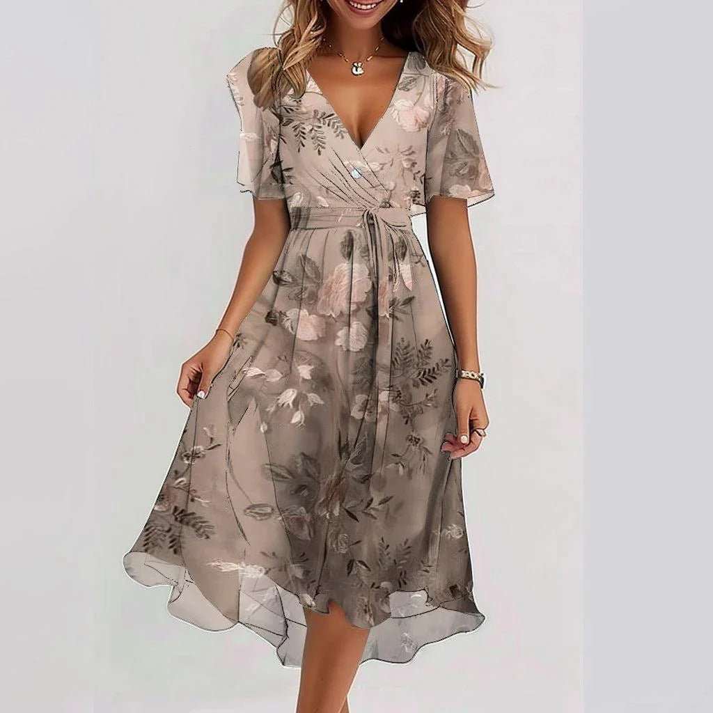 Chiffon Printed Short Sleeve Dress Summer Elegant V - neck Dresses Womens Clothing - AMIR BAGS INDIA PRIVATE LIMITED
