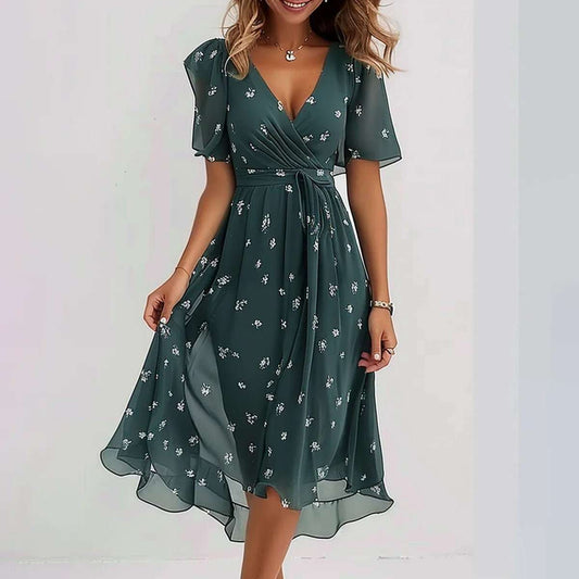 Chiffon Printed Short Sleeve Dress Summer Elegant V - neck Dresses Womens Clothing - AMIR BAGS INDIA PRIVATE LIMITED