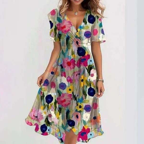 Chiffon Printed Short Sleeve Dress Summer Elegant V - neck Dresses Womens Clothing - AMIR BAGS INDIA PRIVATE LIMITED