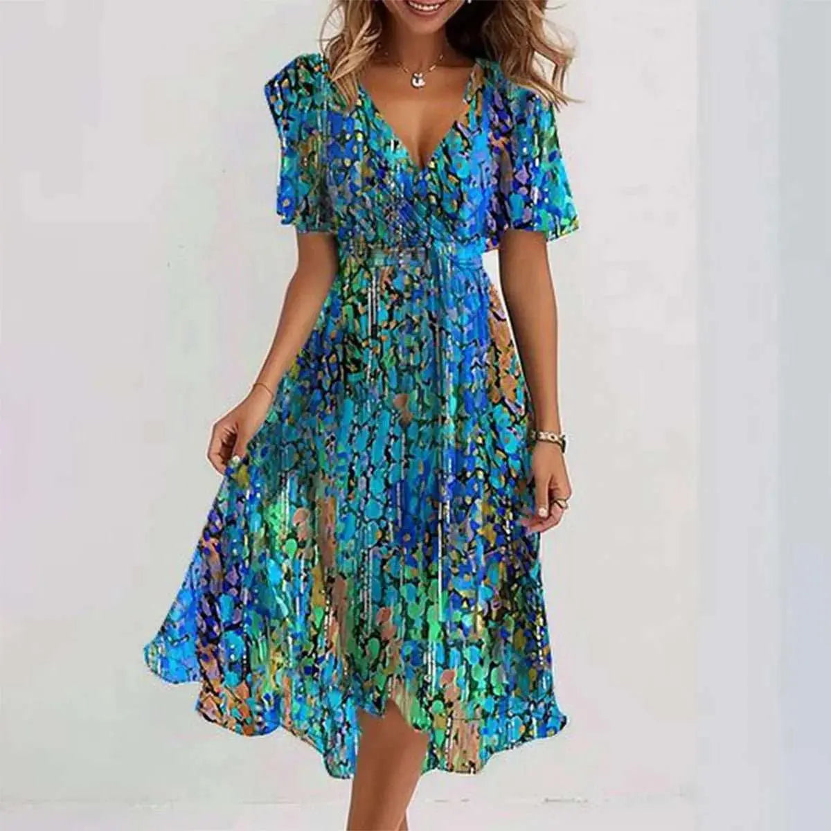 Chiffon Printed Short Sleeve Dress Summer Elegant V - neck Dresses Womens Clothing - AMIR BAGS INDIA PRIVATE LIMITED