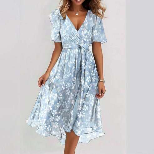 Chiffon Printed Short Sleeve Dress Summer Elegant V - neck Dresses Womens Clothing - AMIR BAGS INDIA PRIVATE LIMITED