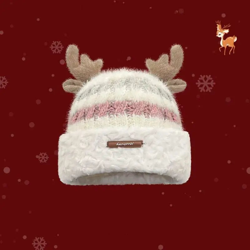 Christmas Knitted Hat With Cute Deer Antler Winter Warm Thick Hat For Girls Women - AMIR BAGS INDIA PRIVATE LIMITED