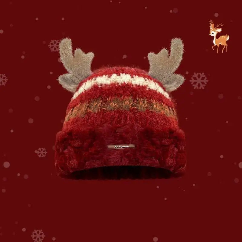 Christmas Knitted Hat With Cute Deer Antler Winter Warm Thick Hat For Girls Women - AMIR BAGS INDIA PRIVATE LIMITED