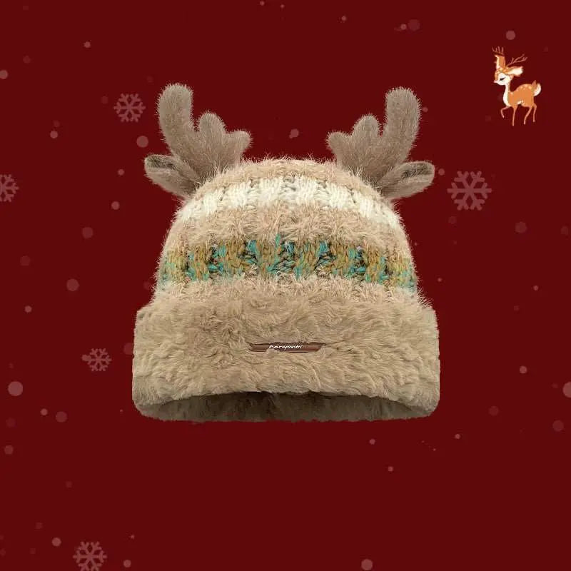 Christmas Knitted Hat With Cute Deer Antler Winter Warm Thick Hat For Girls Women - AMIR BAGS INDIA PRIVATE LIMITED