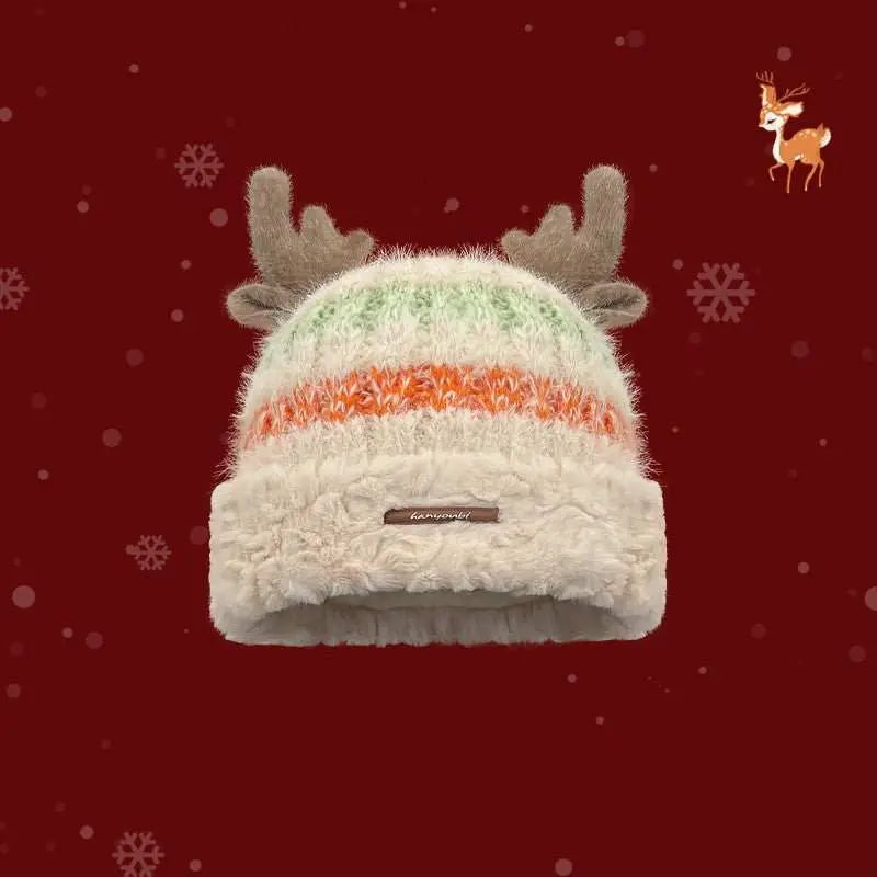 Christmas Knitted Hat With Cute Deer Antler Winter Warm Thick Hat For Girls Women - AMIR BAGS INDIA PRIVATE LIMITED