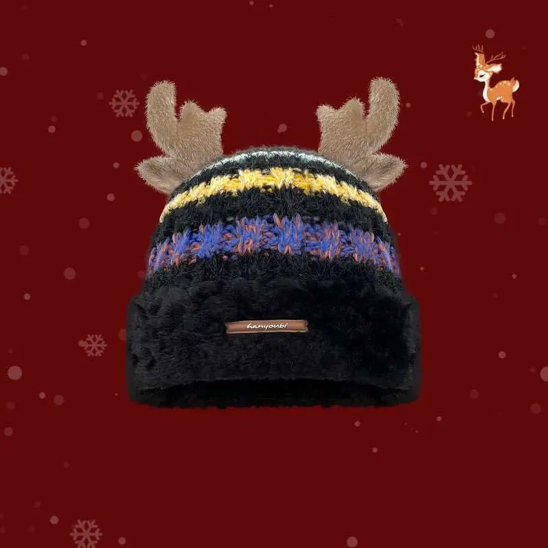 Christmas Knitted Hat With Cute Deer Antler Winter Warm Thick Hat For Girls Women - AMIR BAGS INDIA PRIVATE LIMITED