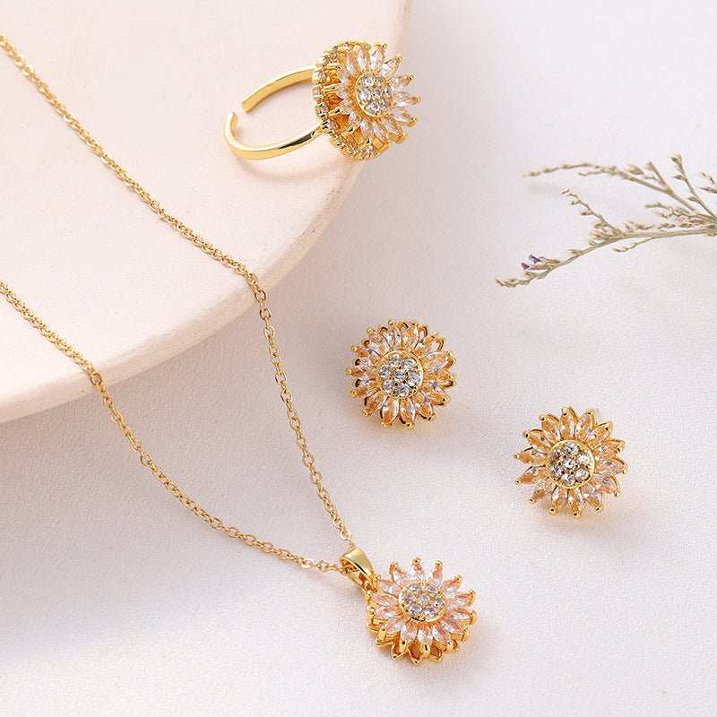 Classic Charm Sunflower Flower Stainless Steel Necklace Earrings Fashion Exquisite Micro Seed Jewelry Ring - AMIR BAGS INDIA PRIVATE LIMITED
