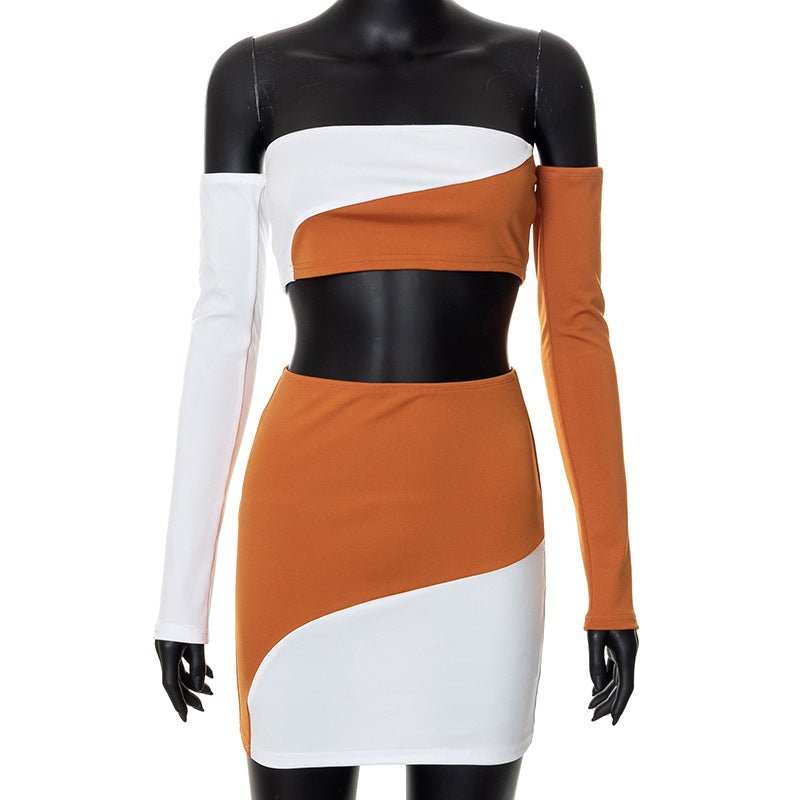 Contrast Chest Wrapped Long Sleeve Top Hip Wrap Skirt - AMIR BAGS INDIA PRIVATE LIMITED
