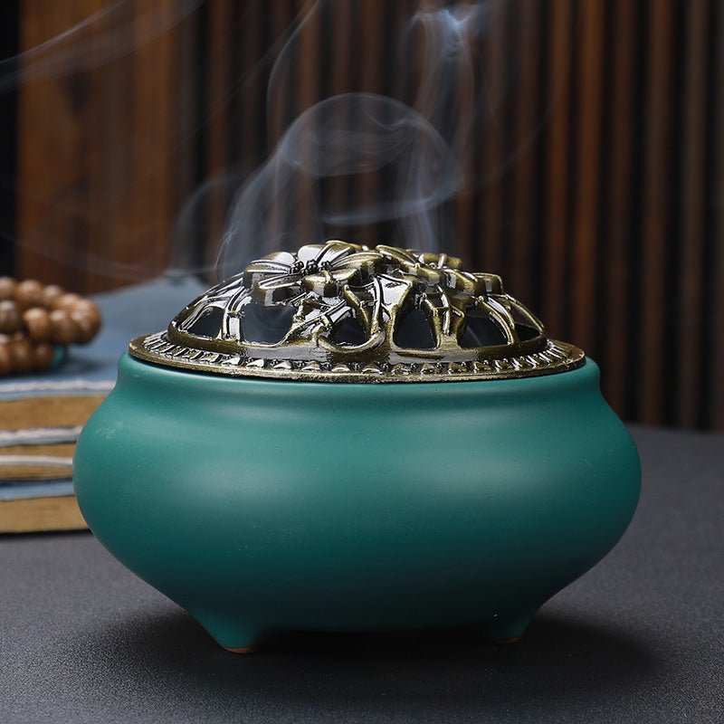 Copper Lid Ceramic Incense Burner Buddha with Antique Alloy Wire Incense Burner - AMIR BAGS INDIA PRIVATE LIMITED