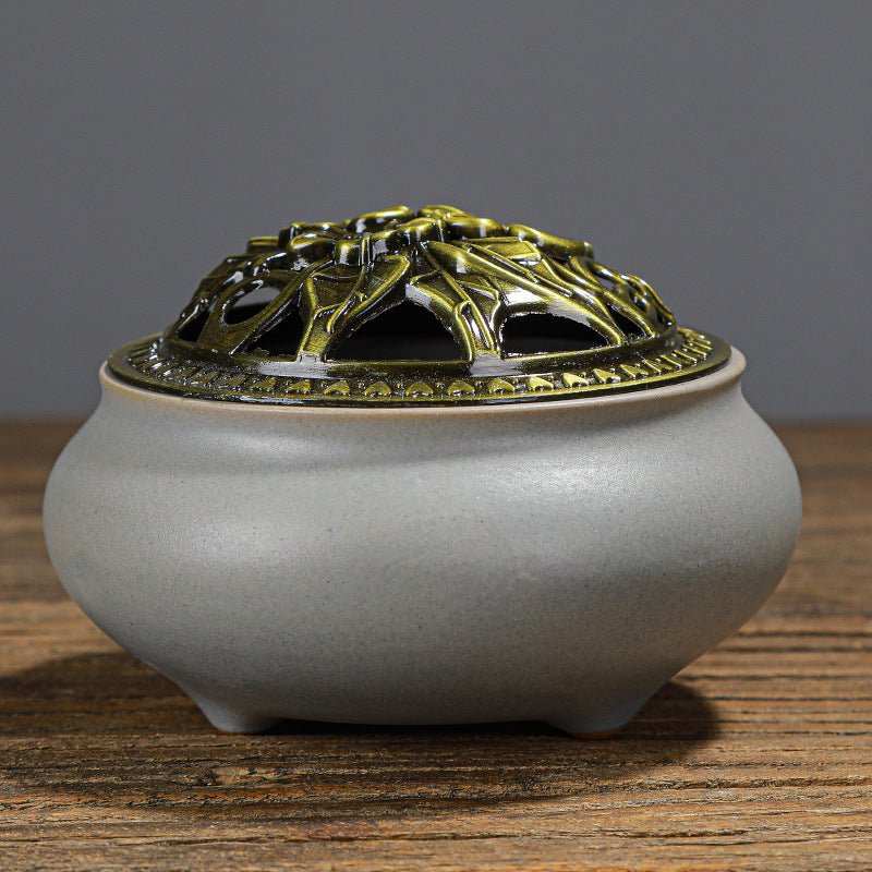 Copper Lid Ceramic Incense Burner Buddha with Antique Alloy Wire Incense Burner - AMIR BAGS INDIA PRIVATE LIMITED