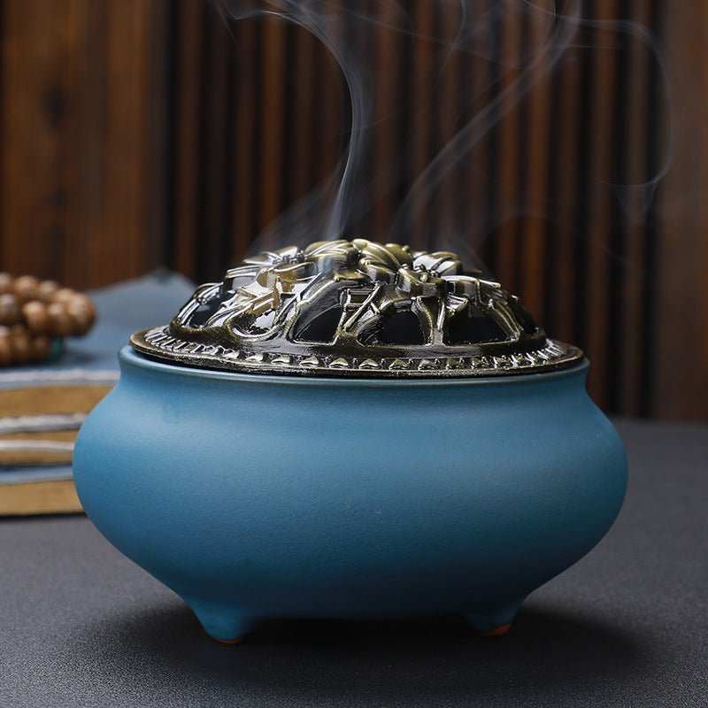 Copper Lid Ceramic Incense Burner Buddha with Antique Alloy Wire Incense Burner - AMIR BAGS INDIA PRIVATE LIMITED