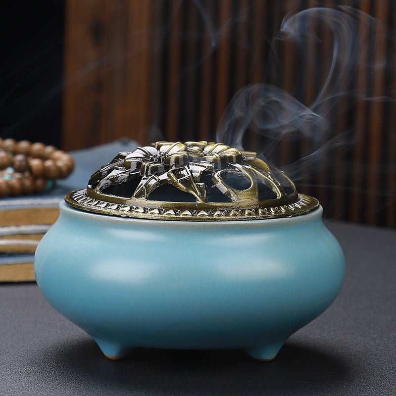 Copper Lid Ceramic Incense Burner Buddha with Antique Alloy Wire Incense Burner - AMIR BAGS INDIA PRIVATE LIMITED