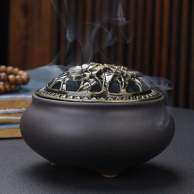 Copper Lid Ceramic Incense Burner Buddha with Antique Alloy Wire Incense Burner - AMIR BAGS INDIA PRIVATE LIMITED