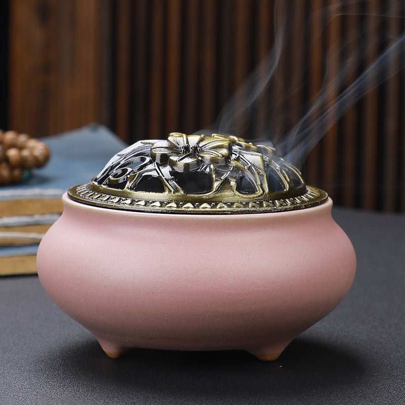 Copper Lid Ceramic Incense Burner Buddha with Antique Alloy Wire Incense Burner - AMIR BAGS INDIA PRIVATE LIMITED