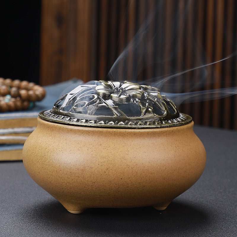 Copper Lid Ceramic Incense Burner Buddha with Antique Alloy Wire Incense Burner - AMIR BAGS INDIA PRIVATE LIMITED