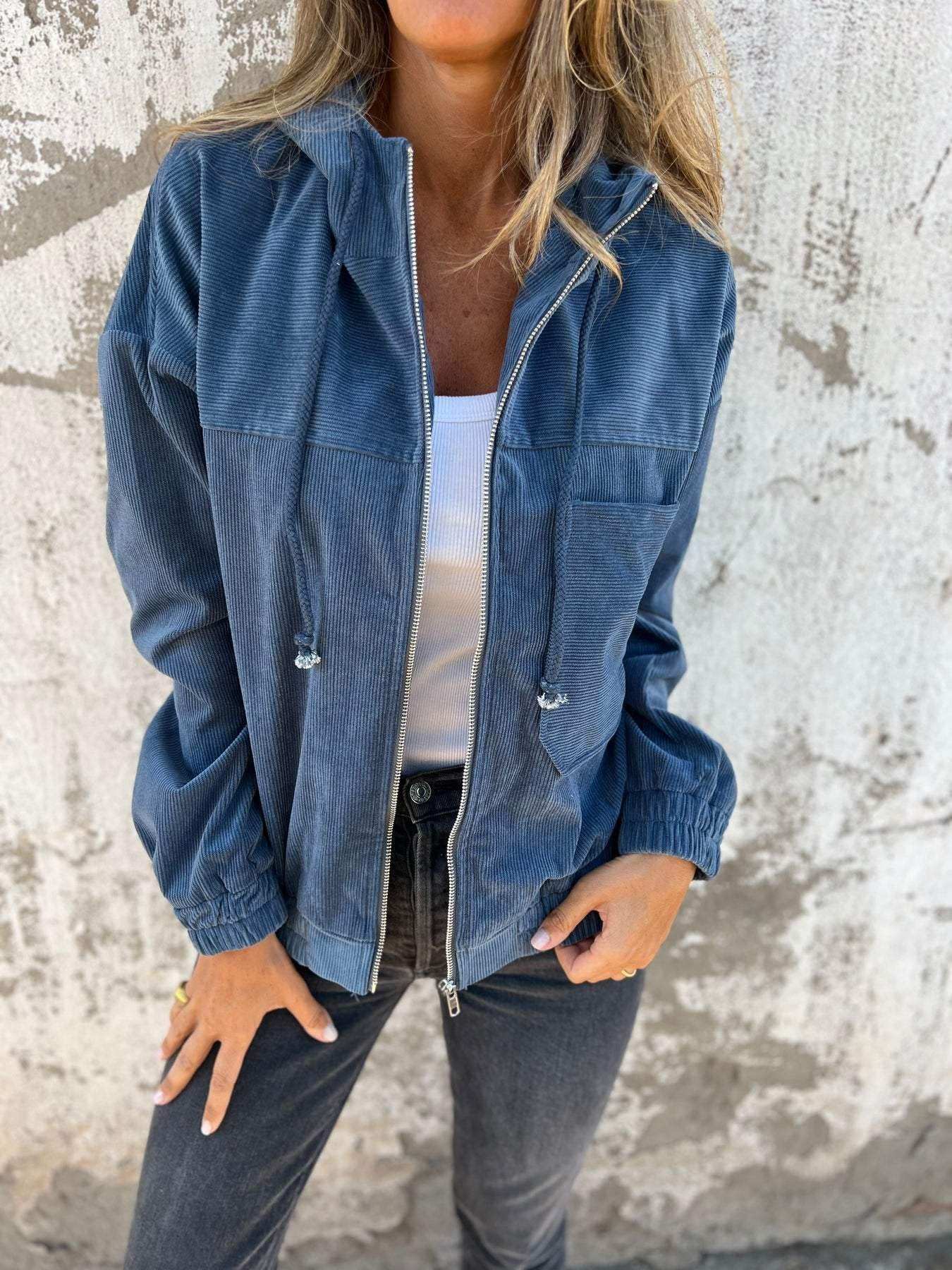 Corduroy Hooded Zip - up Jacket With Pockets Fashion Casual Drawstring Tops Outerwear Women's Clothing - AMIR BAGS INDIA PRIVATE LIMITED
