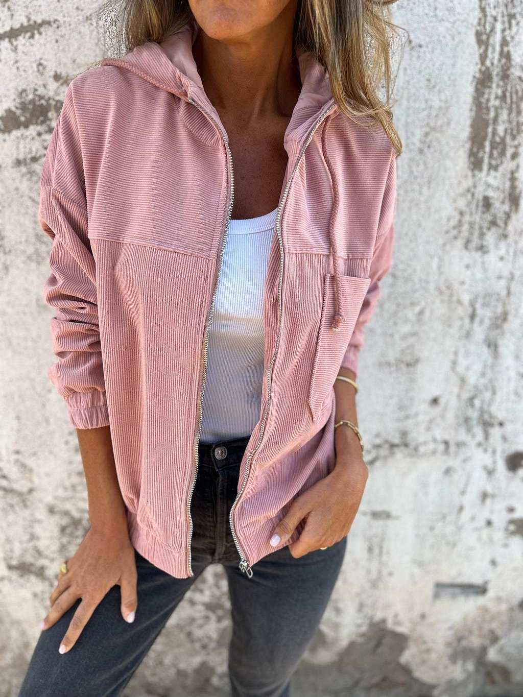 Corduroy Hooded Zip - up Jacket With Pockets Fashion Casual Drawstring Tops Outerwear Women's Clothing - AMIR BAGS INDIA PRIVATE LIMITED