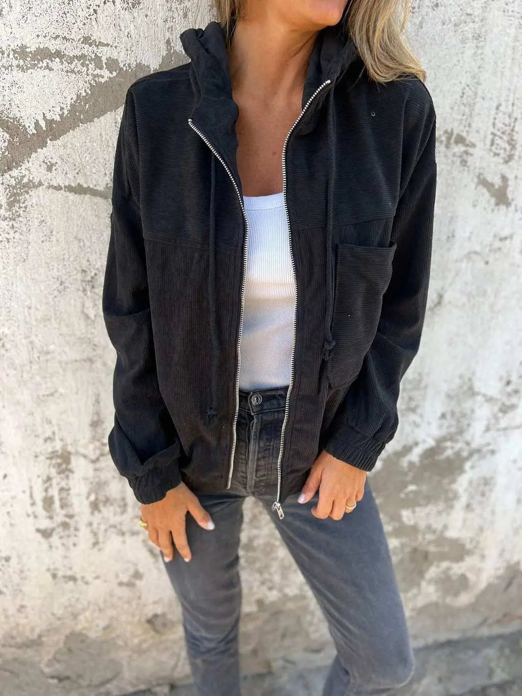 Corduroy Hooded Zip - up Jacket With Pockets Fashion Casual Drawstring Tops Outerwear Women's Clothing - AMIR BAGS INDIA PRIVATE LIMITED