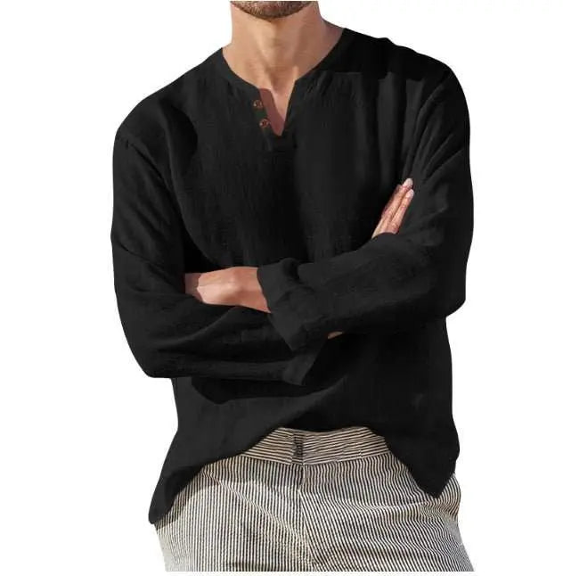 Cotton Linen Men's Long Sleeve V - neck Casual Beach Linen Shirt Fashion Leisure Men's Clothing Casual And Breathable Shirt - AMIR BAGS INDIA PRIVATE LIMITED