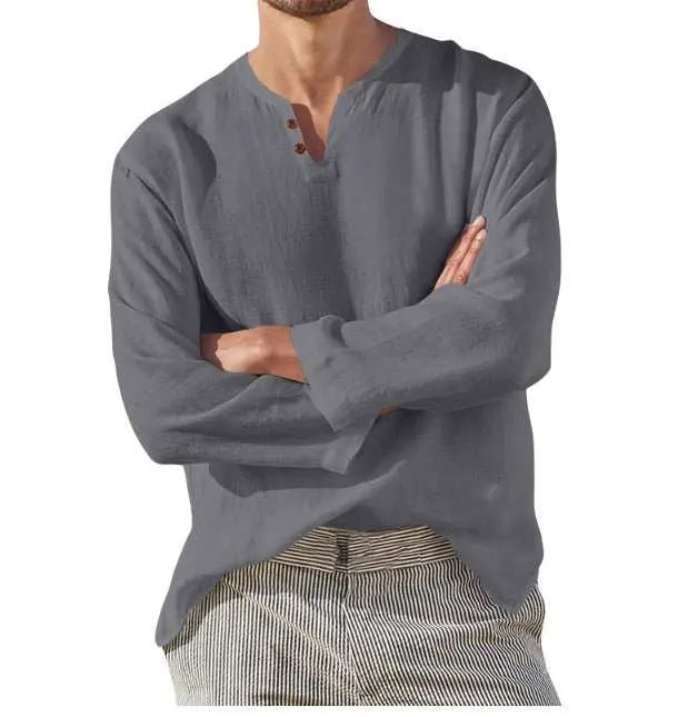 Cotton Linen Men's Long Sleeve V - neck Casual Beach Linen Shirt Fashion Leisure Men's Clothing Casual And Breathable Shirt - AMIR BAGS INDIA PRIVATE LIMITED