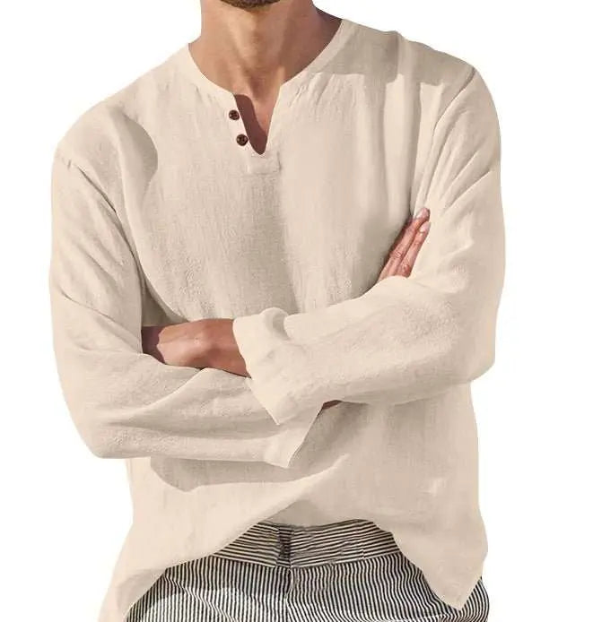 Cotton Linen Men's Long Sleeve V - neck Casual Beach Linen Shirt Fashion Leisure Men's Clothing Casual And Breathable Shirt - AMIR BAGS INDIA PRIVATE LIMITED