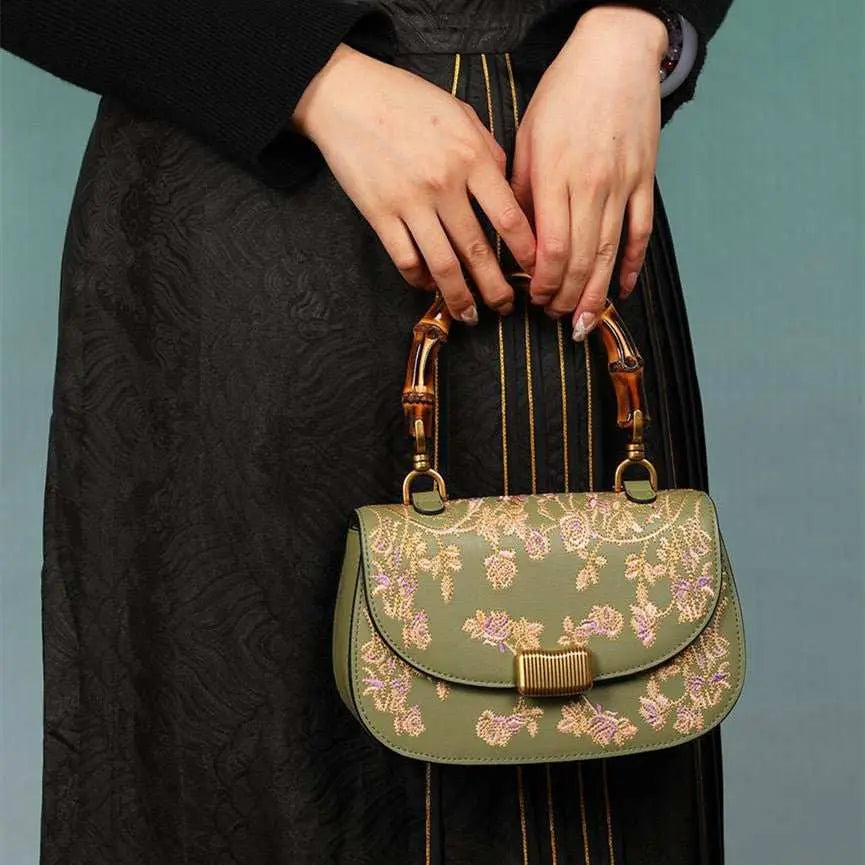 Cowhide Embroidery Ladies Bamboo Handbag - AMIR BAGS INDIA PRIVATE LIMITED