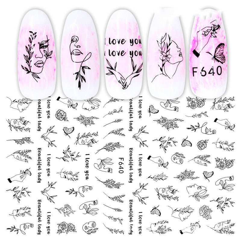 Cross - Border Nail Stickers New Japanese European And American 3D Hot Stamping Full Stickers Black And White Rose Heart - Shaped Ink Nail Decals - AMIR BAGS INDIA PRIVATE LIMITED